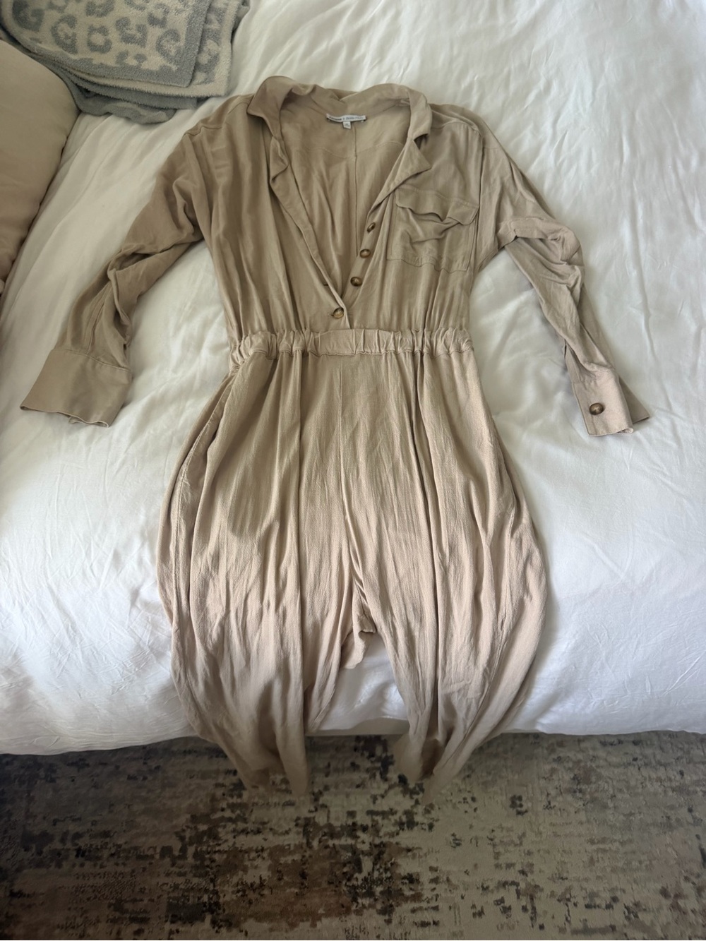 Womens Beige Long-Sleeve Utility Jumpsuit